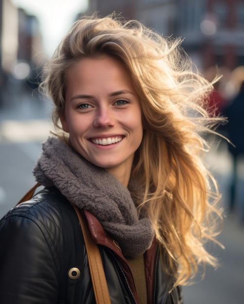 retrato de una hermosa joven sonriendo en la ciudad