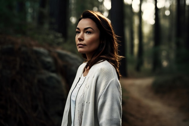 Retrato de una hermosa joven con un suéter blanco en el bosque