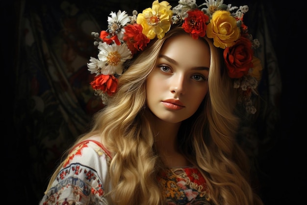 Retrato de una hermosa joven ucraniana con una corona de flores