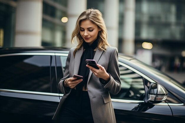 Retrato de una hermosa joven usando un teléfono inteligente en la calle además de una IA generativa de automóviles