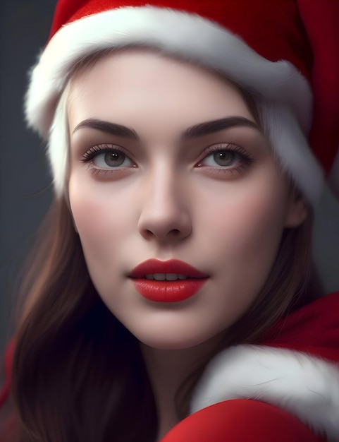 Retrato de una hermosa joven vestida con ropa de Papá Noel generada con IA