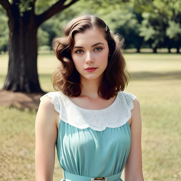 Retrato de una hermosa joven con un vestido azul en el parque