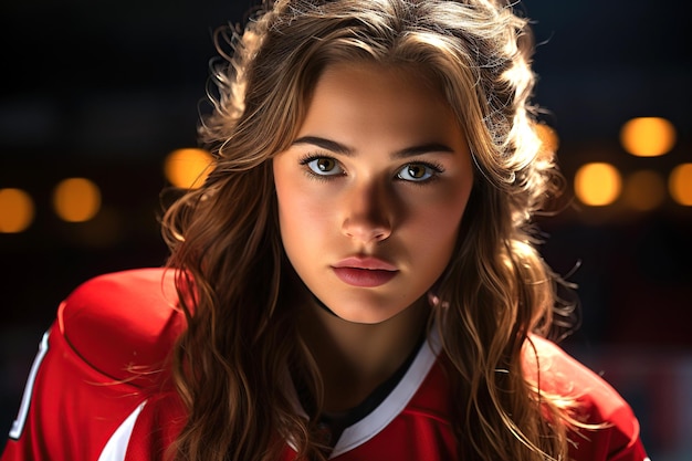 retrato de una hermosa jugadora de hockey con uniforme deportivo en el estadio