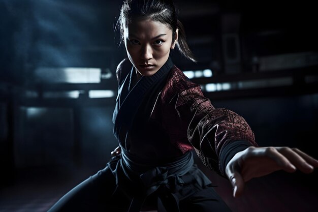 Retrato de una hermosa luchadora asiática de Kendo en una escuela de artes marciales Iluminación intensa y dramática