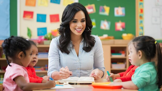 Retrato de una hermosa maestra hispana de preescolar enseñando a sus estudiantes en un aula