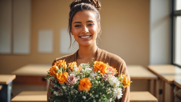 Retrato de una hermosa maestra joven con un ramo de flores en el telón de fondo de una escuela