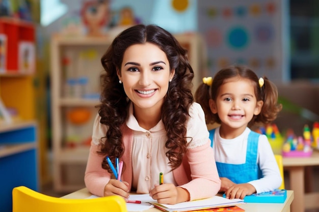 Foto retrato de una hermosa maestra de preescolar hispana enseñando a sus estudiantes en un aula