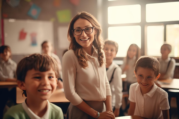 Retrato de una hermosa maestra sonriente en una clase en la escuela primaria mirando la cámara con aprendizaje