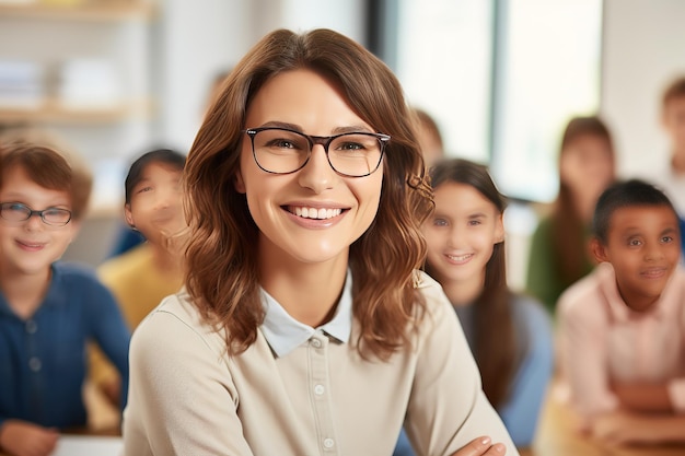 Retrato de una hermosa maestra sonriente en una clase en la escuela primaria mirando la cámara con aprendizaje