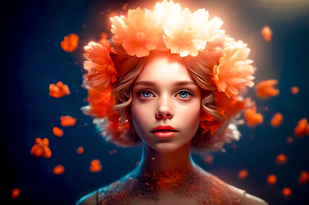 Retrato de una hermosa y misteriosa chica con una hermosa corona de flores en la cabeza