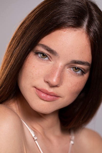 Foto retrato de hermosa modelo femenina con maquillaje natural