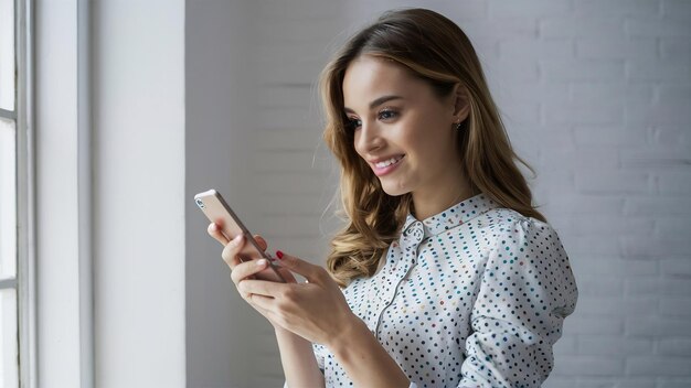 Retrato de una hermosa modelo femenina usando una aplicación de teléfono inteligente de pie en perfil y girar la cara con smi