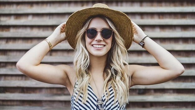 Retrato de una hermosa modelo rubia sonriente vestida con ropa hipster de verano