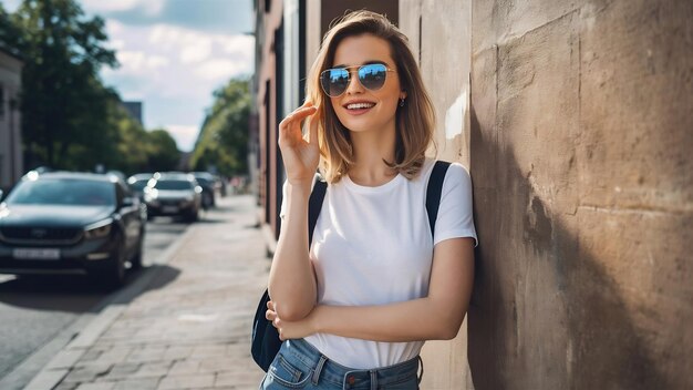 Foto retrato de una hermosa modelo sonriente con gafas de sol