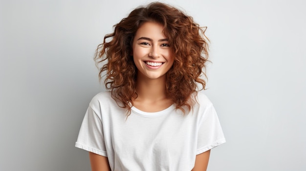 Retrato de una hermosa modelo sonriente con peinado afro curls Pared gris generada por IA