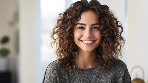 Retrato de una hermosa modelo sonriente con peinado afro curls Pared gris generada por IA