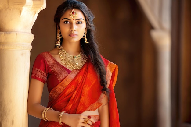 Retrato de una hermosa muchacha india con un sari de vestido nacional tradicional
