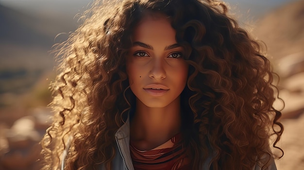 Retrato de una hermosa muchacha marroquí con el pelo largo y rizado a la luz cálida