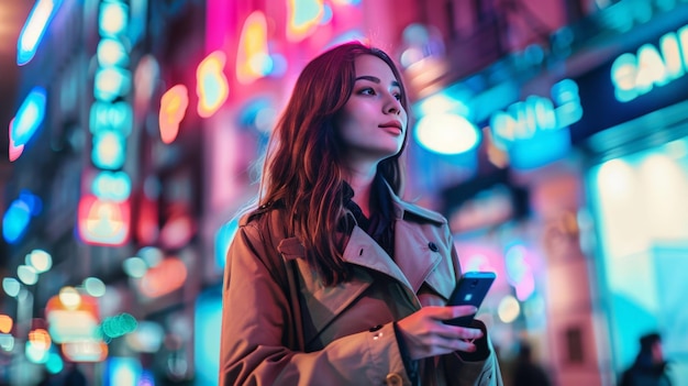 Retrato de una hermosa mujer con abrigado caminando por una calle de una ciudad moderna con luces de neón por la noche Mujer atractiva usando un teléfono inteligente y mirando alrededor del entorno cinematográfico urbano