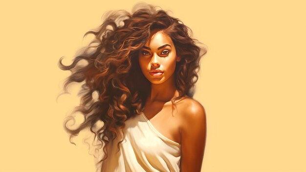 Retrato de una hermosa mujer africana morena con el pelo largo y ondulado