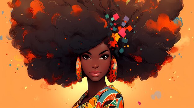 Foto retrato de una hermosa mujer africana con piel marrón y cabello largo y rizado ilustración de anime manga