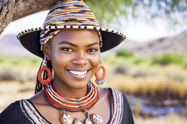 Retrato de una hermosa mujer africana en una red neuronal de estilo étnico generada por ai