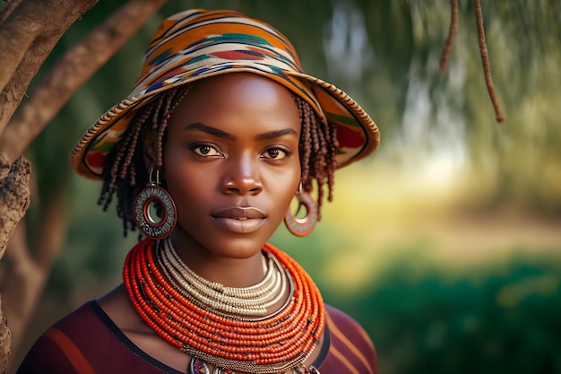 Retrato de una hermosa mujer africana en una red neuronal de estilo étnico generada por ai