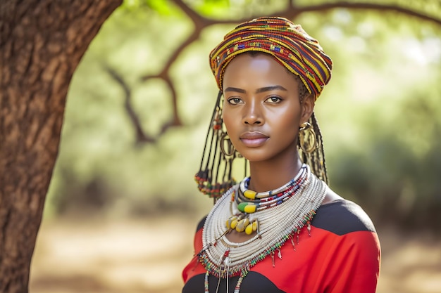 Retrato de una hermosa mujer africana en una red neuronal de estilo étnico generada por ai