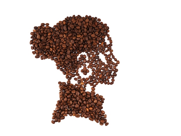 Retrato de hermosa mujer afro hecha de granos de café, aislado en superficie blanca