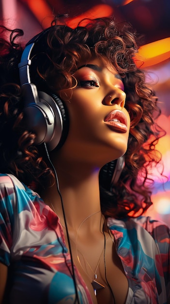 Retrato de una hermosa mujer afroamericana con auriculares escuchando música