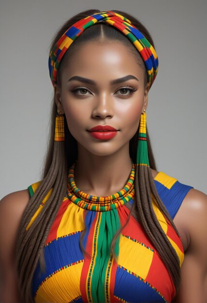 Foto retrato de una hermosa mujer afroamericana con maquillaje multicolor