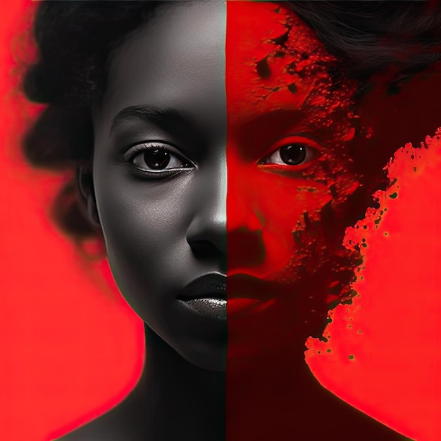 Retrato de una hermosa mujer afroamericana en rojo y negro.