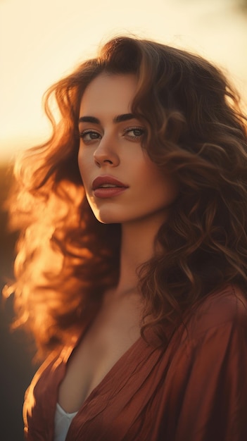 Retrato de una hermosa mujer al atardecer IA generativa