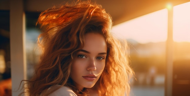 Retrato de una hermosa mujer al atardecer IA generativa