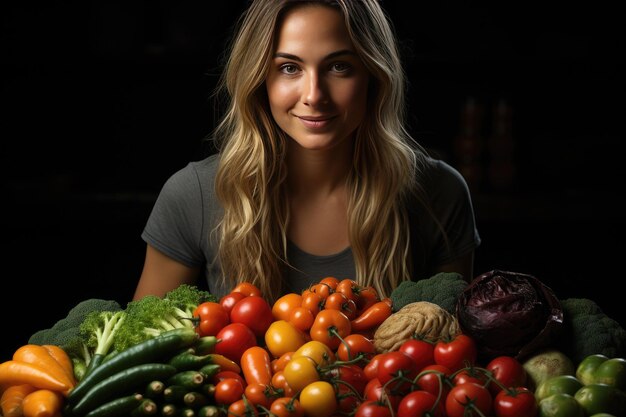 Foto retrato de una hermosa mujer alegre rodeada de verduras frescas y jugosas