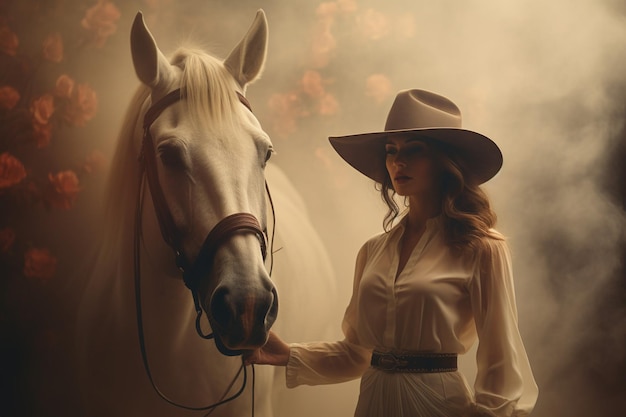 Retrato de una hermosa mujer alimentando a un caballo en las tierras de cultivo