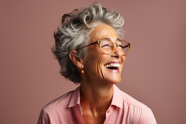 Foto retrato de una hermosa mujer anciana de 60 años de edad en perfil con un corte de pelo corto y gafas de risas