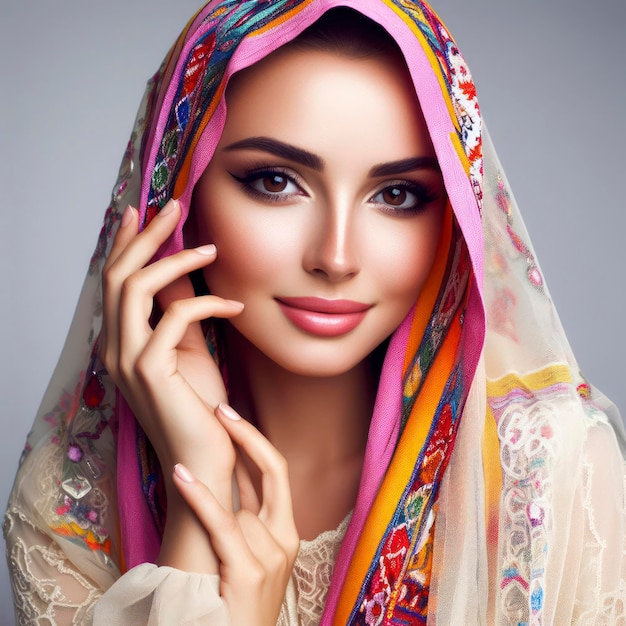 retrato de una hermosa mujer árabe con un velo colorido ai generativo