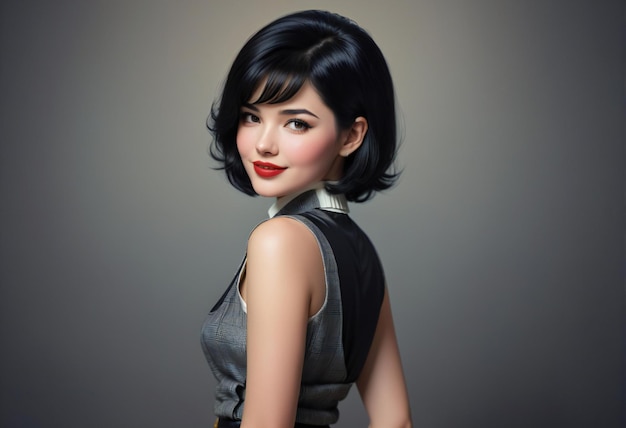 Retrato de una hermosa mujer asiática con cabello negro corto