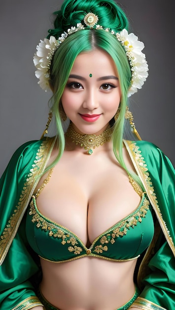 Retrato de una hermosa mujer asiática con cabello verde en traje tailandés