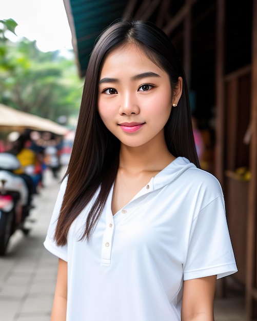 Retrato de una hermosa mujer asiática con camiseta blanca AI generativa