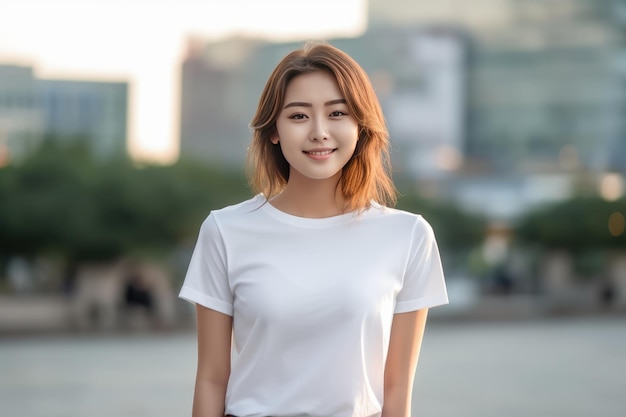 Retrato de una hermosa mujer asiática con una camiseta blanca