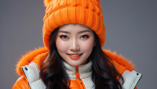 Retrato de una hermosa mujer asiática con chaqueta y sombrero de invierno naranja