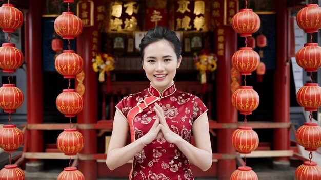 Retrato de una hermosa mujer asiática con un cheongsam sonriendo y posando con un gesto de felicitación