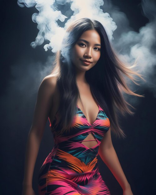 Retrato de una hermosa mujer asiática con humo en fondo negro