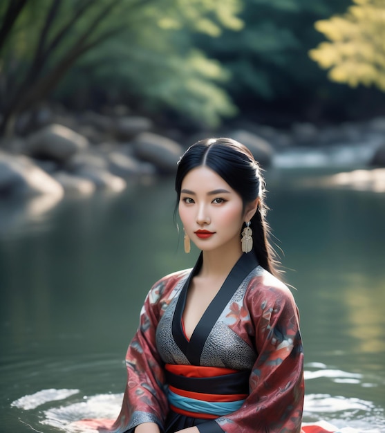 Retrato de una hermosa mujer asiática con kimono en el río