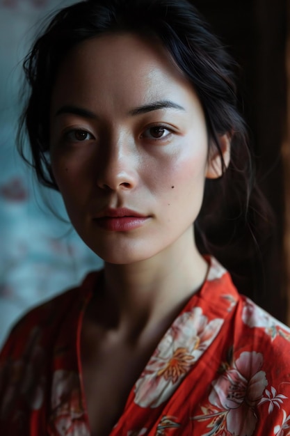 Retrato de una hermosa mujer asiática en kimono