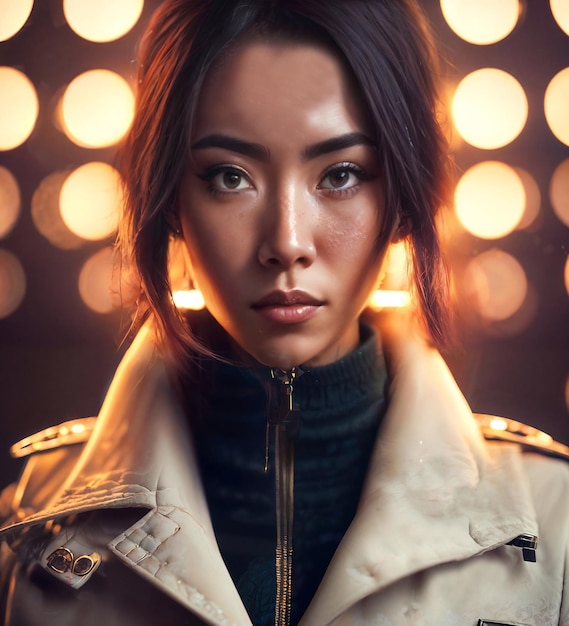 Retrato de hermosa mujer asiática en la noche con IA generativa de luz