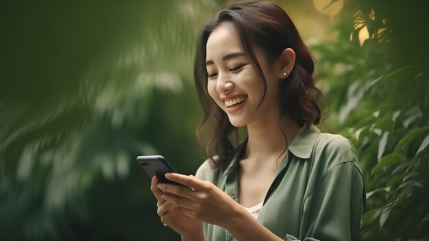 Retrato de una hermosa mujer asiática usando un teléfono móvil en el bosque con espacio de copia