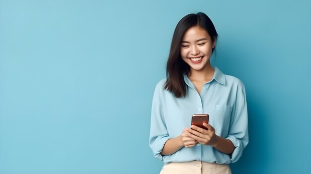 Retrato de una hermosa mujer asiática usando un teléfono móvil en un fondo azul con espacio de copia